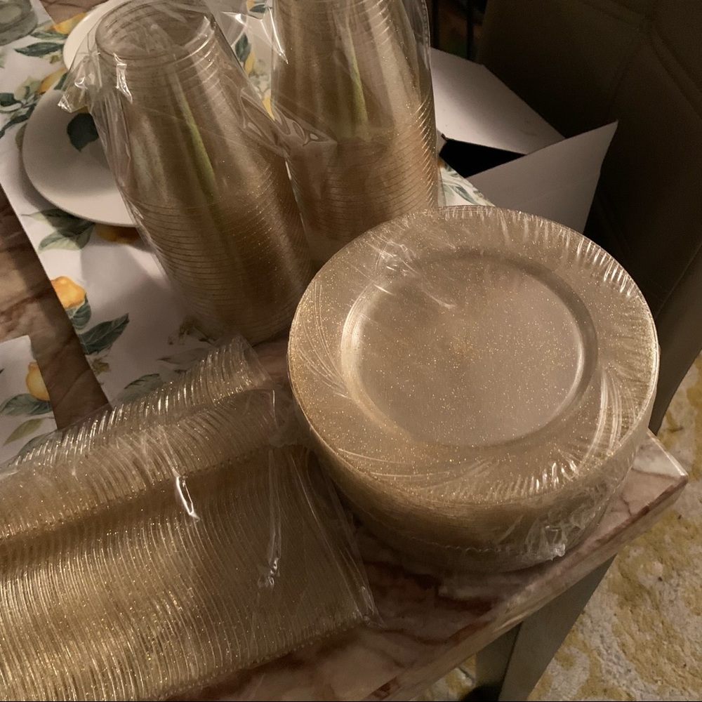 Spec party gold heavy plastic dessert plates, cups, forks and wine flutes